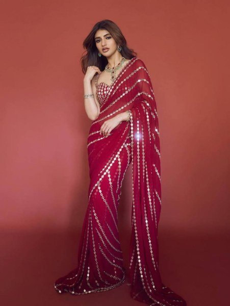 Timeless Red Faux Georgette Saree with Real Mirror Work for Party Wear Bollywood Fancy Sarees Wholesale