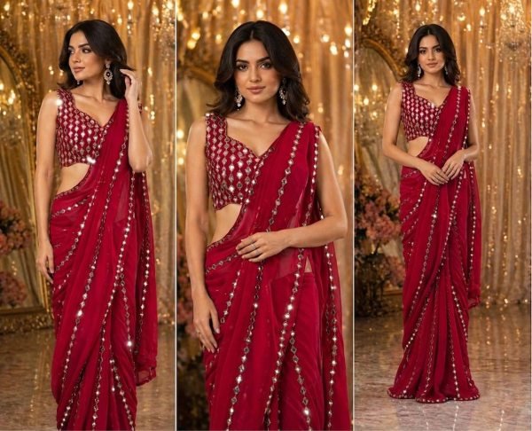 Timeless Red Faux Georgette Saree with Real Mirror Work for Party Wear Bollywood Fancy Sarees Wholesale