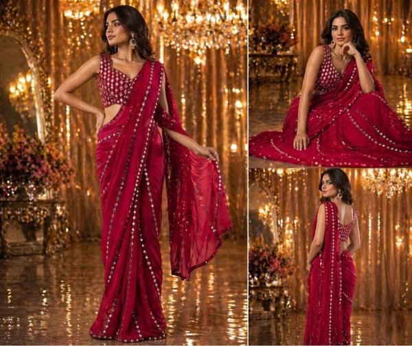 Timeless Red Faux Georgette Saree with Real Mirror Work for Party Wear Bollywood Fancy Sarees Wholesale