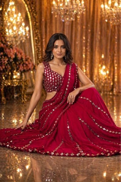 Timeless Red Faux Georgette Saree with Real Mirror Work for Party Wear Bollywood Fancy Sarees Wholesale