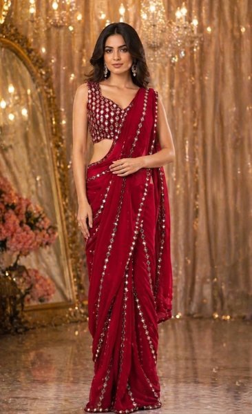 Timeless Red Faux Georgette Saree with Real Mirror Work for Party Wear Bollywood Fancy Sarees Wholesale