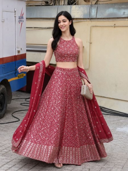 Timeless Red Georgette Lehenga Choli with Zari and Multiple Sequins Embroidery Work  Lehenga