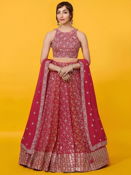 Timeless Red Georgette Lehenga Choli with Zari and Multiple Sequins Embroidery Work Bridal Lehenga Choli