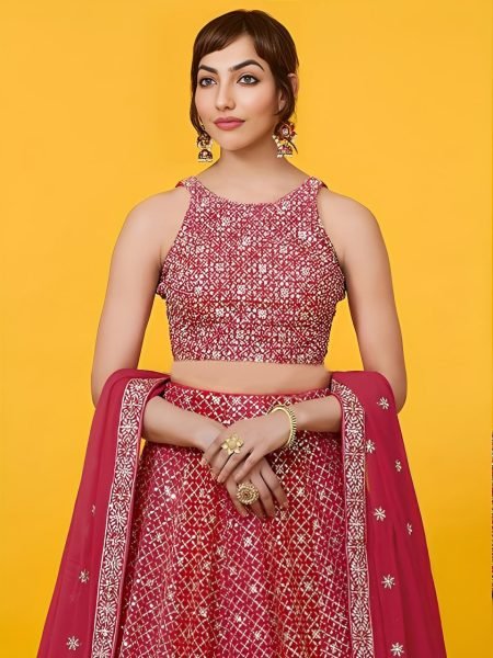 Timeless Red Georgette Lehenga Choli with Zari and Multiple Sequins Embroidery Work Bridal Lehenga Choli