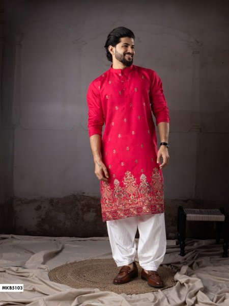 Timeless Red Men s Woven Kurta with Cotton Salwar Bottom for Wedding Wear Mens Wear