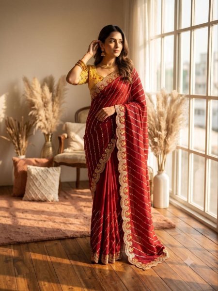 Timeless Red Space Silk Designer Saree with Embroidery Work Blouse For Bulk Order 