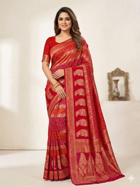 Timeless Red Traditional Bandhani Saree with Butti Work and Rich Pallu Sarees 
