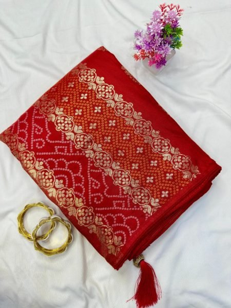 Timeless Red Traditional Bandhani Saree with Butti Work and Rich Pallu Bandhej Sarees Wholesale