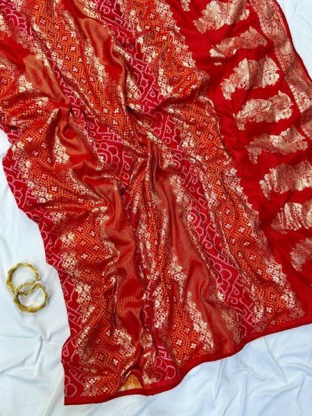 Timeless Red Traditional Bandhani Saree with Butti Work and Rich Pallu Bandhej Sarees Wholesale