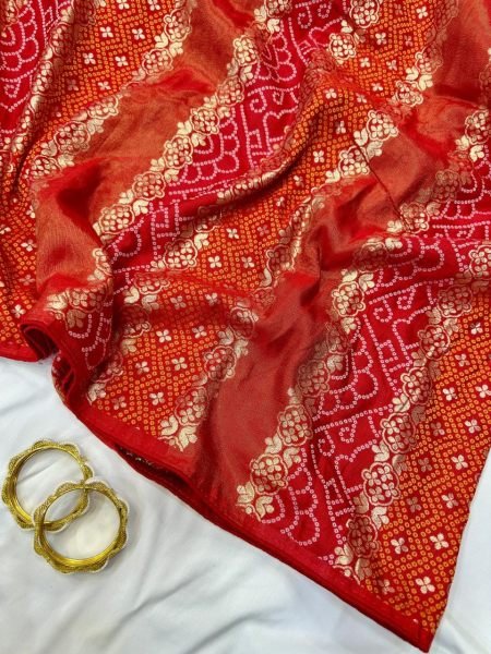 Timeless Red Traditional Bandhani Saree with Butti Work and Rich Pallu Bandhej Sarees Wholesale