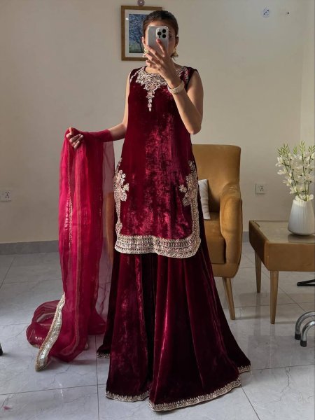 Timeless Red Velvet Umbrella-cut 3-meter Flair Plazzo Suit With Dupatta for Wedding Wear  Ready To Wear Collection