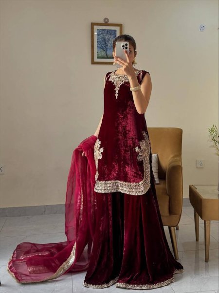 Timeless Red Velvet Umbrella-cut 3-meter Flair Plazzo Suit With Dupatta for Wedding Wear  Ready To Wear Collection
