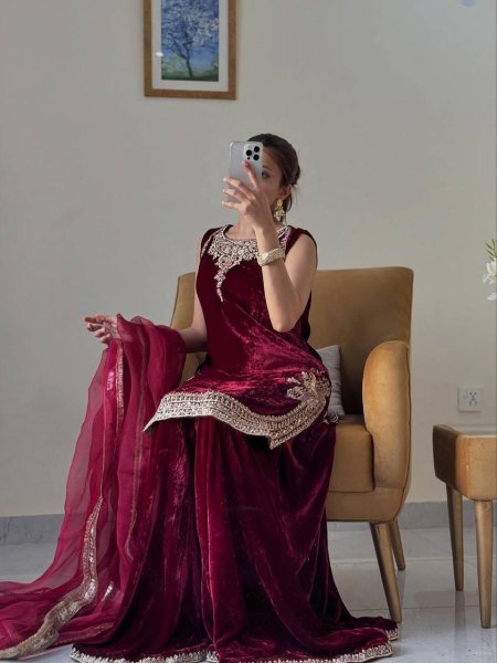 Timeless Red Velvet Umbrella-cut 3-meter Flair Plazzo Suit With Dupatta for Wedding Wear  Ready To Wear Collection