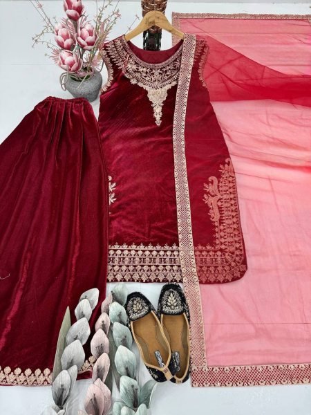 Timeless Red Velvet Umbrella-cut 3-meter Flair Plazzo Suit With Dupatta for Wedding Wear  Ready To Wear Collection