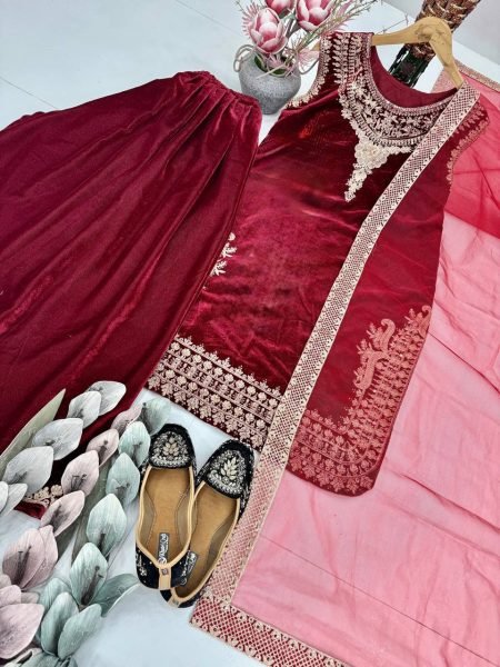Timeless Red Velvet Umbrella-cut 3-meter Flair Plazzo Suit With Dupatta for Wedding Wear  Ready To Wear Collection
