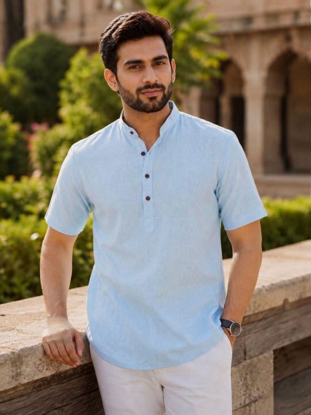 Timeless Sky Blue Men's Khadi Linen Short Kurta with Half Sleeves for Everyday Style 