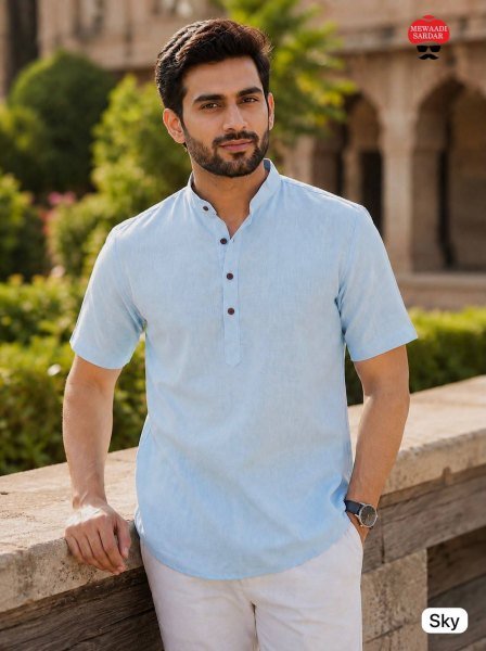 Timeless Sky Blue Men's Khadi Linen Short Kurta with Half Sleeves for Everyday Style Mens Shirt