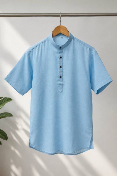 Timeless Sky Blue Men's Khadi Linen Short Kurta with Half Sleeves for Everyday Style Mens Shirt