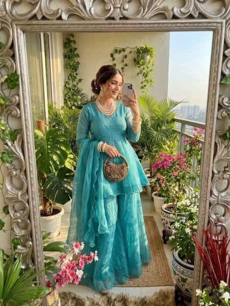 Timeless Sky Blue New Arrival Crunchy Silk Palazzo Suit at Wholesale Rate Ready To Wear Suit
