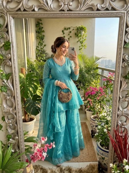 Timeless Sky Blue New Arrival Crunchy Silk Palazzo Suit at Wholesale Rate Ready To Wear Collection
