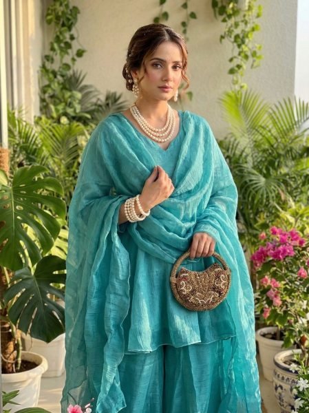 Timeless Sky Blue New Arrival Crunchy Silk Palazzo Suit at Wholesale Rate Ready To Wear Collection