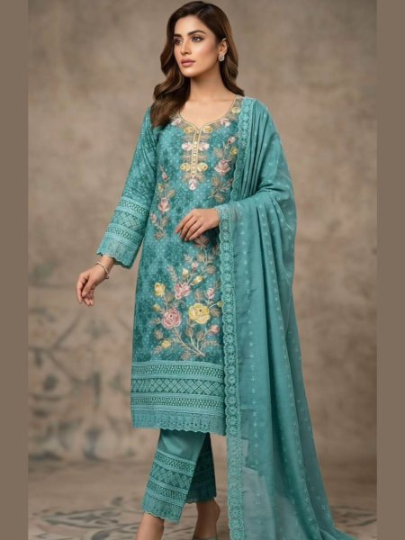 Timeless Teal Blue Women's Heavy Georgette Salwar Suit with Digital Print and Embroidery 