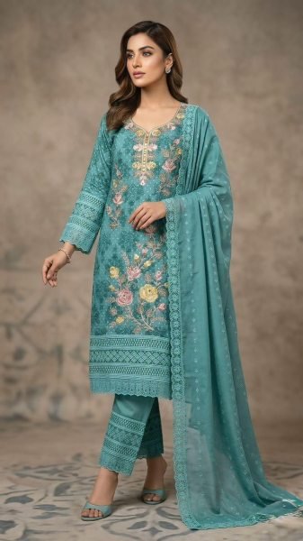 Timeless Teal Blue Women's Heavy Georgette Salwar Suit with Digital Print and Embroidery Pakistani Suits Wholesale