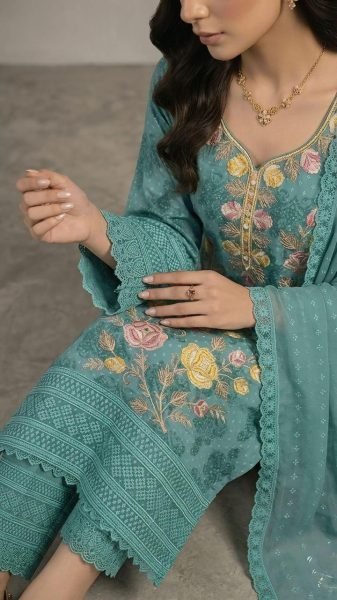 Timeless Teal Blue Women's Heavy Georgette Salwar Suit with Digital Print and Embroidery Pakistani Suits Wholesale