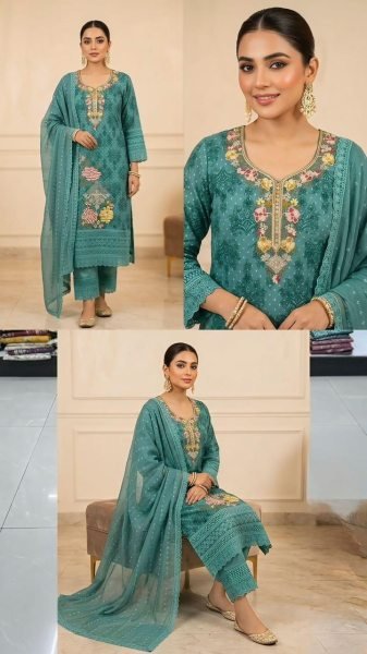 Timeless Teal Blue Women's Heavy Georgette Salwar Suit with Digital Print and Embroidery Pakistani Suits Wholesale