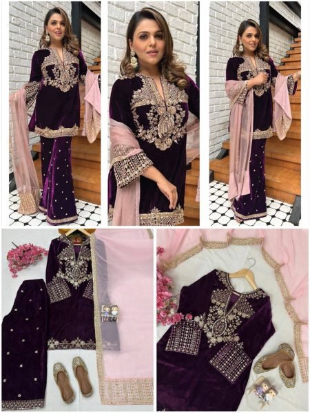 Timeless Velvet Sequins   Zari Embroidered Kurti Plazzo Set with Georgette Dupatta for Special Occasions Ready To Wear Collection