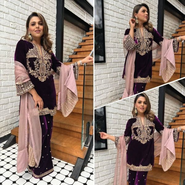 Timeless Velvet Sequins   Zari Embroidered Kurti Plazzo Set with Georgette Dupatta for Special Occasions Ready To Wear Collection