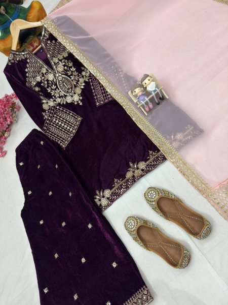 Timeless Velvet Sequins   Zari Embroidered Kurti Plazzo Set with Georgette Dupatta for Special Occasions Ready To Wear Collection