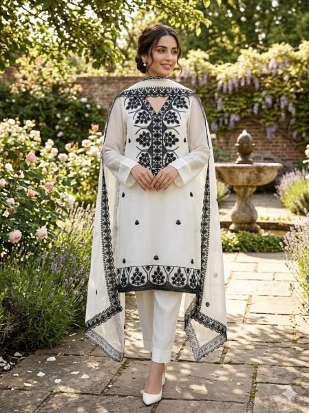 Timeless White Georgette Multi Aari Work Top with Matching Dupatta at Manufacturer  Color Set Matching Dress Material Wholesale
