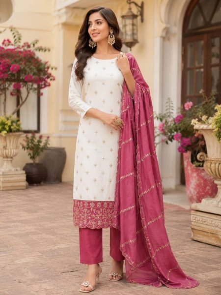 Timeless White Pink Designer Vichitra Silk Suit Set with Allover Booti and Daman Work 