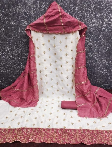 Timeless White Pink Designer Vichitra Silk Suit Set with Allover Booti and Daman Work Color Set Matching Dress Material Wholesale