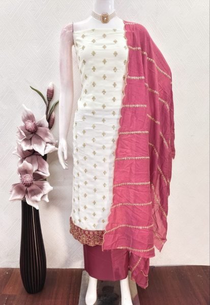 Timeless White Pink Designer Vichitra Silk Suit Set with Allover Booti and Daman Work Color Set Matching Dress Material Wholesale