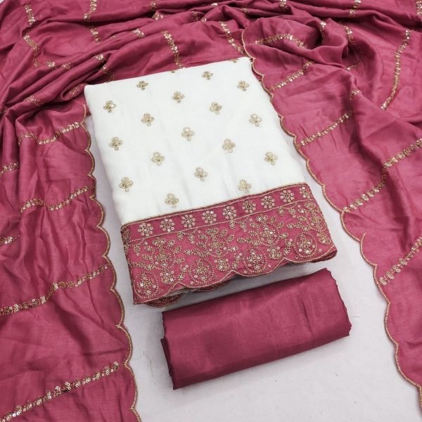 Timeless White Pink Designer Vichitra Silk Suit Set with Allover Booti and Daman Work Color Set Matching Dress Material Wholesale