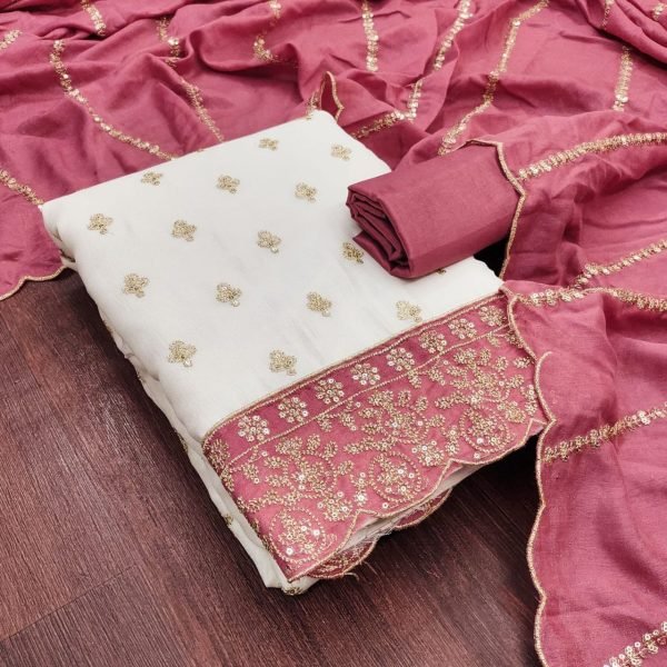 Timeless White Pink Designer Vichitra Silk Suit Set with Allover Booti and Daman Work Color Set Matching Dress Material Wholesale