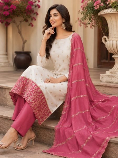 Timeless White Pink Designer Vichitra Silk Suit Set with Allover Booti and Daman Work Color Set Matching Dress Material Wholesale