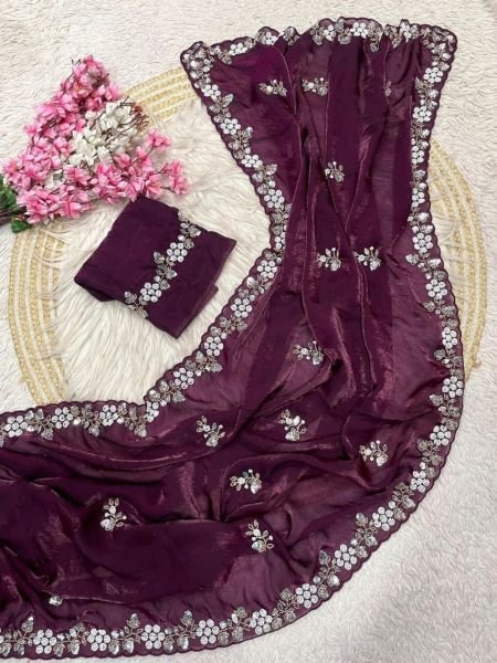 Timeless Wine Party Wear Fandy Satin Saree with Sequin C Pallu Work at Factory Price 