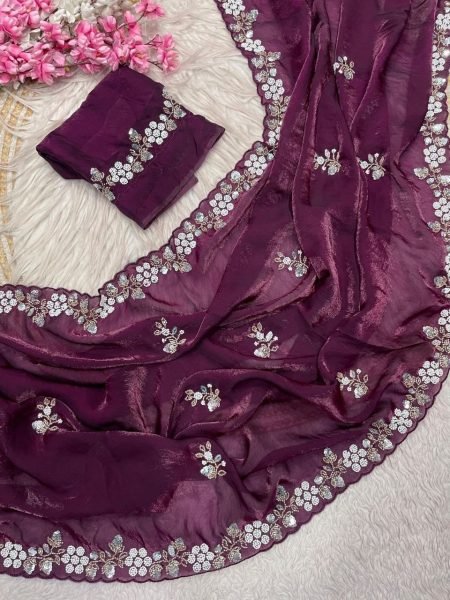 Timeless Wine Party Wear Fandy Satin Saree with Sequin C Pallu Work at Factory Price Bollywood Fancy Sarees Wholesale