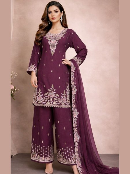 Timeless Wine Rangoli Crush Embroidered Palazzo Suit with Beads Work 
