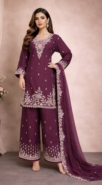 Timeless Wine Rangoli Crush Embroidered Palazzo Suit with Beads Work Designer Plazzo Salwar Suits Wholesale