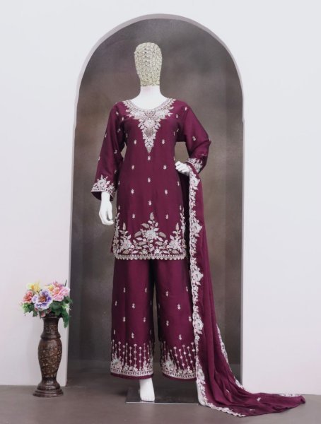 Timeless Wine Rangoli Crush Embroidered Palazzo Suit with Beads Work Designer Plazzo Salwar Suits Wholesale