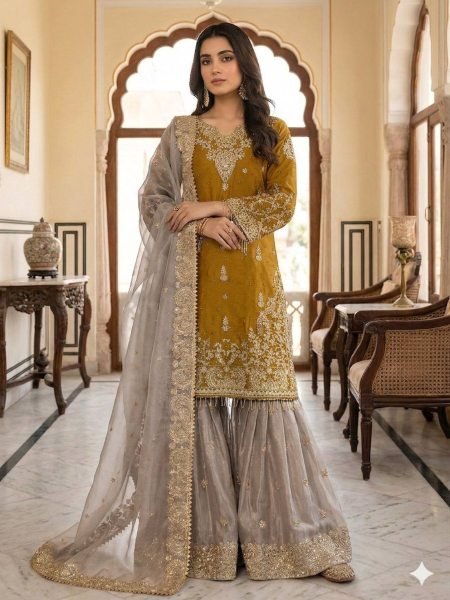 Timeless Yellow Fashionable GMY Silk Sharara Outfit for Wedding and Festive Functions Ready To Wear Suit