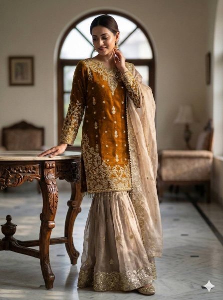 Timeless Yellow Fashionable GMY Silk Sharara Outfit for Wedding and Festive Functions Ready To Wear Collection