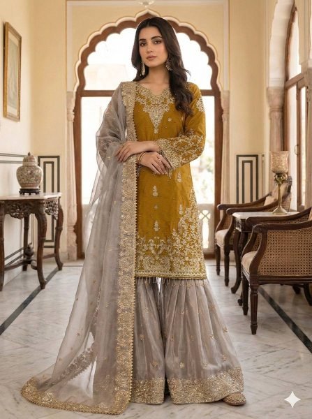 Timeless Yellow Fashionable GMY Silk Sharara Outfit for Wedding and Festive Functions Ready To Wear Collection