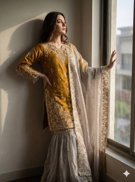 Timeless Yellow Fashionable GMY Silk Sharara Outfit for Wedding and Festive Functions Ready To Wear Collection