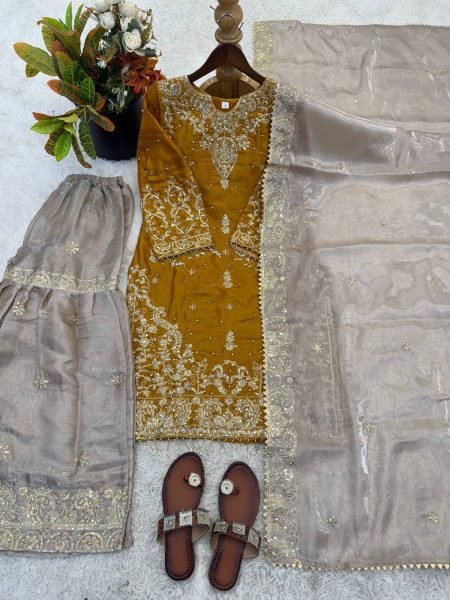 Timeless Yellow Fashionable GMY Silk Sharara Outfit for Wedding and Festive Functions Ready To Wear Collection