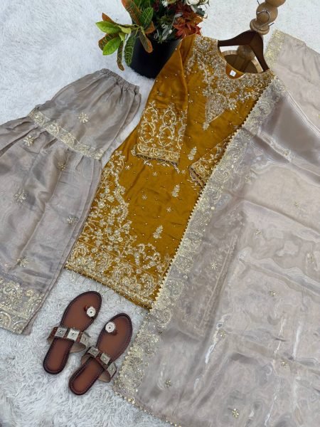 Timeless Yellow Fashionable GMY Silk Sharara Outfit for Wedding and Festive Functions Ready To Wear Collection